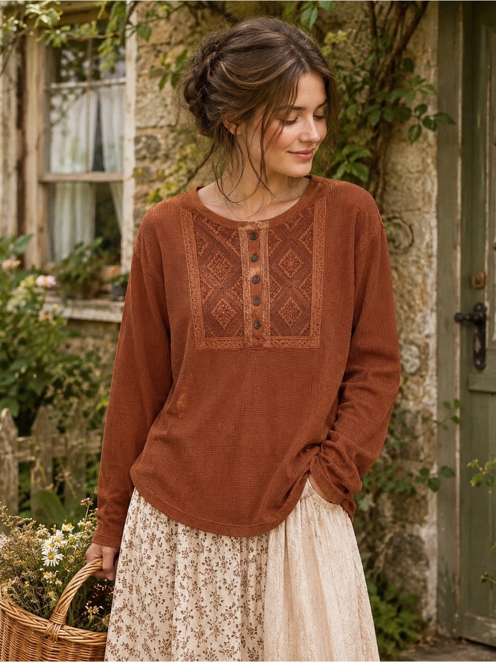 Bob Timberlake XL Brown Waffle Knit Thermal Shirt Rustic Western Boho Cottage
